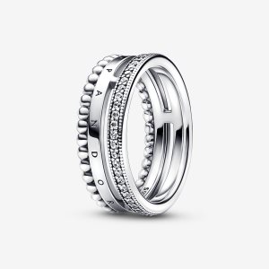 Banda Pandora Signature Logo Pave & Beads Plateados | GYXMNZ710