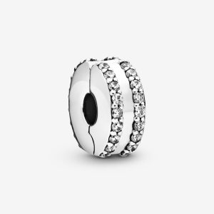 Clips Pandora Double Forro Pave Clip Plateados | YWHQOT938