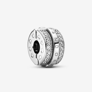 Clips Pandora Sparkling Pave Lines & Logo Clip Plateados | BOXNIJ824