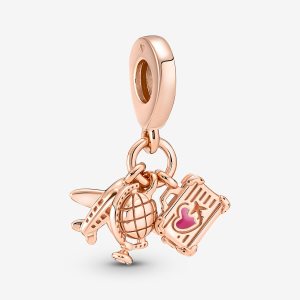Colgar Pandora Airplane Globe & Suitcase Triple Rosas Dorados | BXZMAQ862