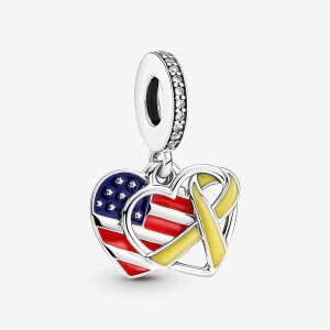 Colgar Pandora Heart Flag & Remembrance Ribbon Double Plateados | LPJWQK945