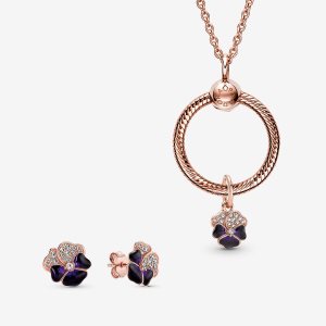 Conjuntos De Collar Y Aretes Pandora Deep Purple Pansy Flower Multicolor | TLWNHV865
