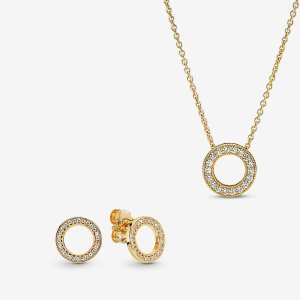Conjuntos De Collar Y Aretes Pandora Golden Pave Circle Multicolor | HQGYDE589