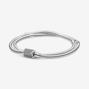 Encantos Pandora Moments Double Wrap Barrel Clasp Snake Plateados | OYVRWD162