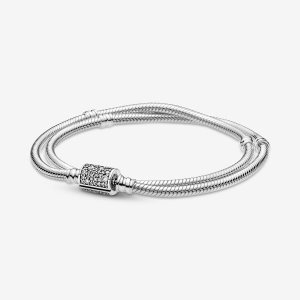 Encantos Pandora Moments Double Wrap Barrel Clasp Snake Plateados | YRQZGM105