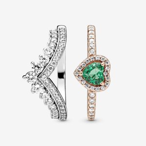 Juegos De Anillos Pandora Green Princess Wishbone Stacking Multicolor | YLSXMC094