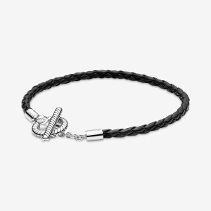Leather Pandora Moments Braided T-bar Plateados | FQADPE243