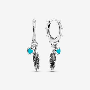 Soltar Pandora Turquoise Hearts Feather Plateados | GROSLY563